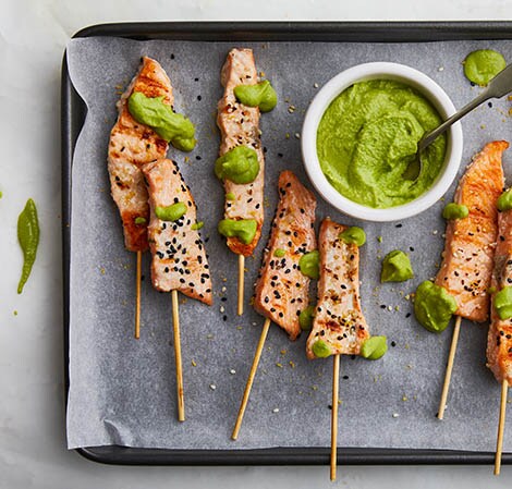Salmon 'Lolly Pops' with Mint Pea Dip Salmon Lolly Pops 470x449.jpg