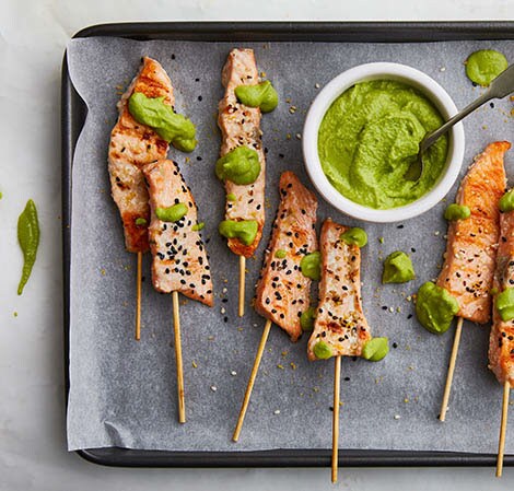 Salmon 'Lolly Pops' with Mint Pea Dip Recipe