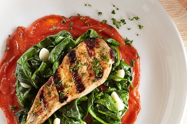 Tomato Sauce on Grilled Chicken and Greens