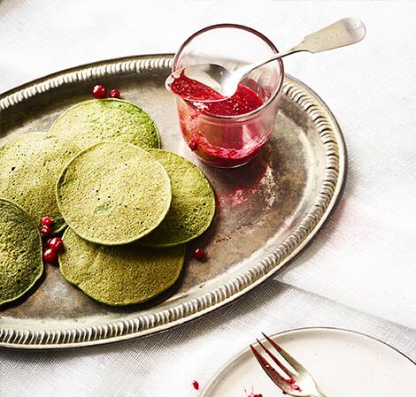 Spinach Pancake and Lingonberry Jam spinach pancake on a platter