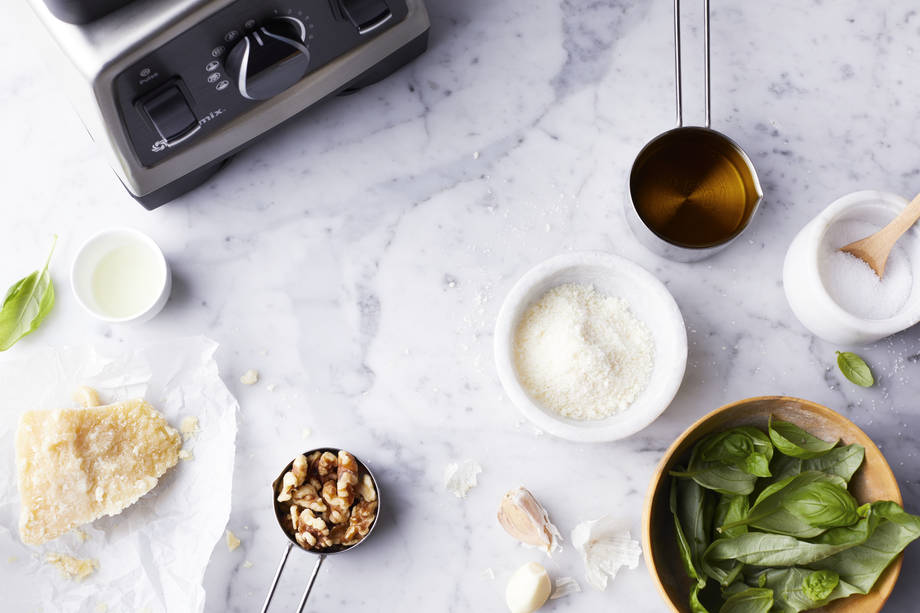basil walnut pesto ingredients with blender