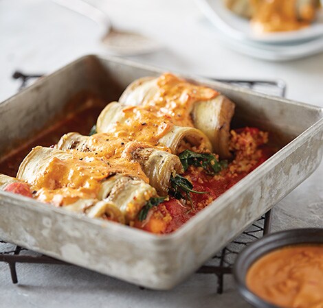 Eggplant Cannelloni with Pine Nut Romesco Sauce Recipe